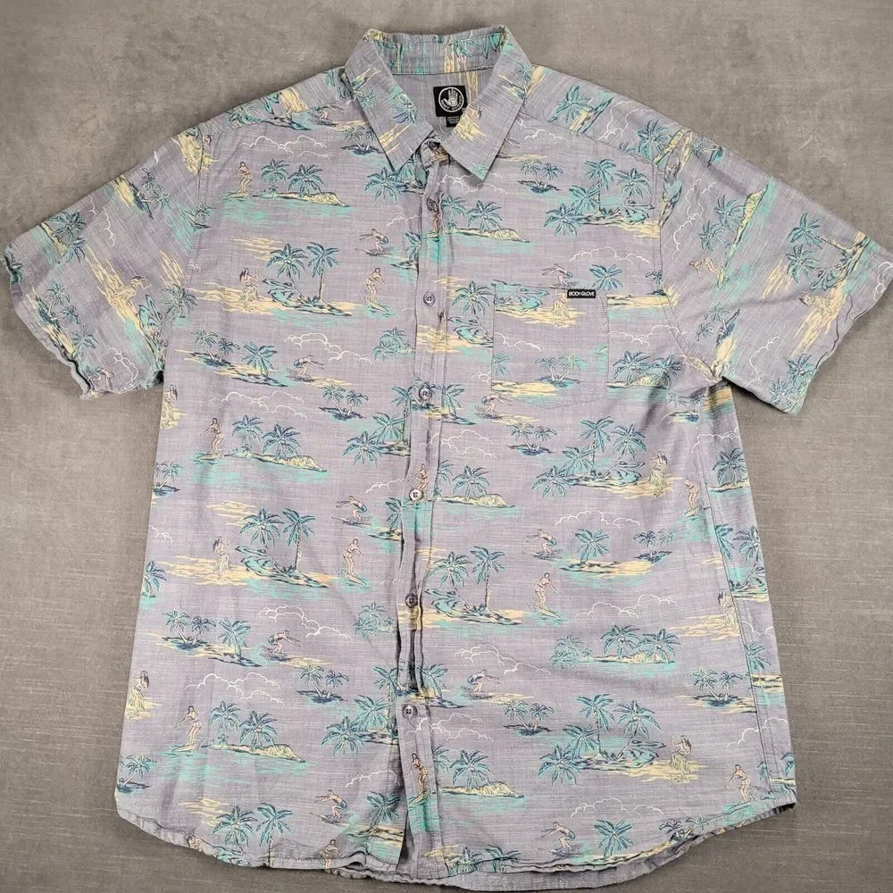 Body Glove Shirt Mens Large Blue Button Up Hawaiian Surfing Hula Girl Retro Logo